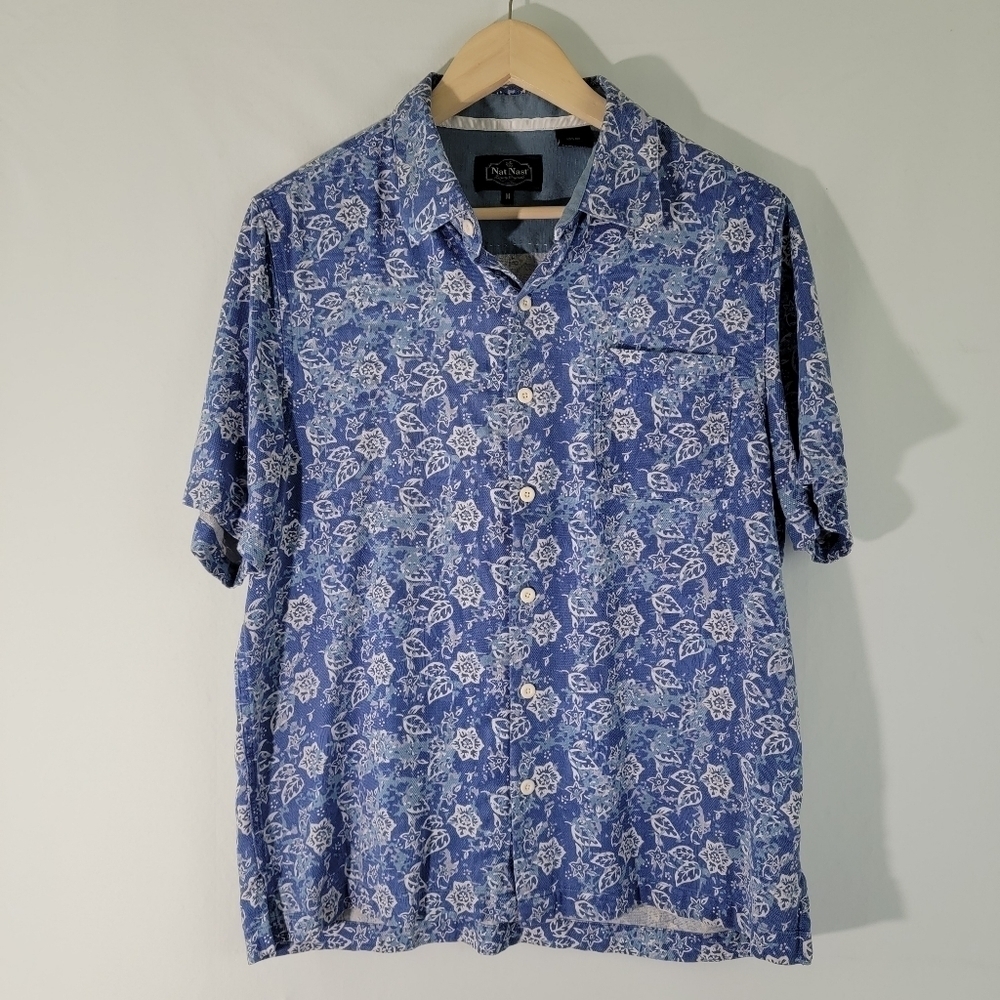 Nat Nast Luxury Men 100% Silk Blue Floral Print Button Front Shirt M Short Sleev